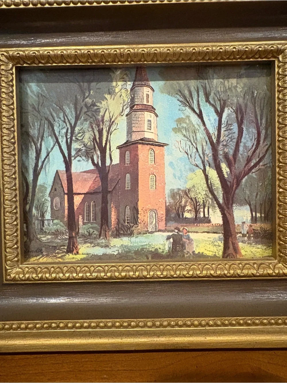 Vintage 70s Old Bruton Church Burwood Gold Ornate Framed Williamsburg Print